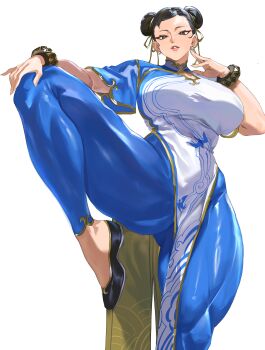 1girl absurdres black_hair black_shoes blue_bodysuit blue_pants bodysuit bracelet breasts brown_eyes bun_cover capcom china_dress chinese_clothes chun-li cleavage_cutout clothing_cutout commentary double_bun dress earrings english_commentary fighting_stance foot_out_of_frame gold_ribbon gold_trim hair_bun hair_ribbon hand_on_own_knee highres jewelry large_breasts leg_up lipgloss lips looking_at_viewer muscular muscular_female pants parted_lips pearl_earrings pelvic_curtain pink_lips ribbon shoes short_sleeves solo street_fighter street_fighter_6 taiyang_yu thick_thighs thighs tight_clothes tight_pants white_background yellow_ribbon