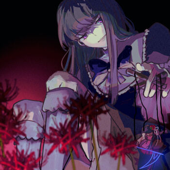 1girl blue_hair blurry blurry_foreground dress flower frederica_bernkastel furudo_erika highres holding kneehighs knees_up long_hair looking_down marionette puppet puppet_strings purple_eyes saw_(sky06224) sitting socks solo umineko_no_naku_koro_ni