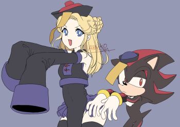 1boy 1girl arinko_pa black_fur black_hat black_thighhighs blonde_hair blue_eyes braid breasts covered_navel furry furry_male gloves halloween hat jiangshi long_hair looking_at_viewer maria_robotnik open_mouth shadow_the_hedgehog sleeves_past_wrists smile sonic_(series) thighhighs white_gloves wide_sleeves