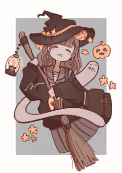 1girl black_hat black_shirt border broom brown_hair closed_eyes commentary facing_viewer ghost grey_background halloween hat highres holding holding_broom jack-o&#039;-lantern lantern long_hair omochi_noa open_mouth original outside_border pleated_skirt school_uniform serafuku shirt skirt white_border witch_hat