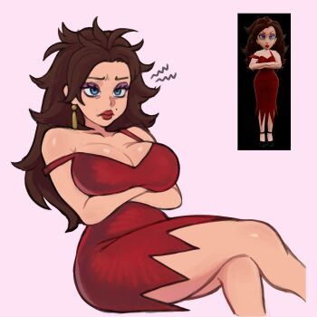 1girl absurdres breasts brown_hair bu55top commentary crossed_arms crossed_legs dress earrings english_commentary eyeshadow highres jewelry large_breasts long_hair makeup mario_(series) messy_hair nintendo pauline_(mario) purple_eyeshadow red_dress red_lips reference_inset simple_background sitting solo strap_slip