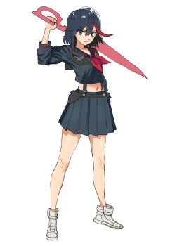 1girl arm_at_side arm_up belt black_belt black_serafuku black_suspenders blue_eyes blue_hair blue_sailor_collar blue_serafuku blue_skirt breasts closed_mouth commentary crop_top crop_top_overhang cropped_shirt dot_nose double-parted_bangs english_commentary eyepatch floating_neckwear frown full_body furrowed_brow glaring hair_flaps high_tops highres holding holding_behind_back holding_sword holding_sword_behind_back holding_weapon holding_weapon_behind_back kill_la_kill knees legs_apart long_eyelashes long_legs long_sleeves looking_at_viewer matheus_felipe matoi_ryuuko medium_hair midriff miniskirt multicolored_hair navel neckerchief no_dickey pleated_skirt red_hair red_neckerchief red_streaks red_trim sailor_collar school_uniform scissor_blade_(kill_la_kill) senketsu serafuku serious shoes simple_background single_hair_streak skirt small_breasts sneakers solo standing streaked_hair suspenders sword thick_eyelashes thighs tsurime two-tone_hair v-neck v-shaped_eyebrows weapon white_background white_shoes