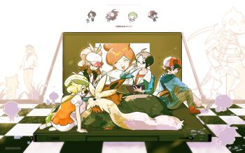 3boys 3girls absurdres ahoge axew bag baseball_cap beret bianca_(pokemon) black_hair black_vest blonde_hair blue_jacket book brown_hair checkered_floor cheren_(pokemon) chibi gen_5_pokemon glasses green_hat handheld_game_console hat highres hilbert_(pokemon) hilda_(pokemon) holding holding_book hood hooded_jacket jacket litwick majyo_(witch_poke) multiple_boys multiple_girls n_(pokemon) nintendo nintendo_ds open_mouth orange_vest pants pokemon pokemon_(creature) pokemon_bw professor_juniper red_shoes shirt shoes short_hair short_sleeves sidelocks sitting skeleton smile stoutland vest white_hat