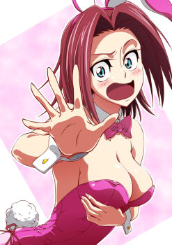 1girl akikawa_(akikawa_0421) blue_eyes blush code_geass embarrassed highres kouzuki_kallen open_mouth pink_background pink_hair playboy_bunny ribbon simple_background