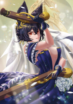 Rule 34 | 1girl, absurdres, black gloves, black hair, blue dress, breasts, commentary request, dress, dual wielding, gloves, granblue fantasy, gun, hair between eyes, highres, holding, holding gun, holding weapon, ilsa (formal) (granblue fantasy), ilsa (granblue fantasy), large breasts, legendpoon, official alternate costume, red eyes, short hair, solo, veil, weapon