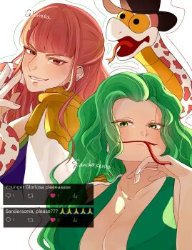 2girls black_hat blunt_bangs boa_sandersonia breasts character_name cleavage epaulettes forked_tongue fuji_1w gloriosa_(one_piece) green_eyes green_hair hat head_rest highres long_hair looking_at_viewer mixed-language_commentary multiple_girls one_piece simple_background smile snake tongue wavy_hair white_background