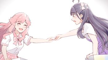 Rule 34 | 2girls, ^ ^, ahoge, blush, bow, bowtie, chofu noriko, closed eyes, commentary request, contrast collar, cowboy shot, diagonal-striped bow, diagonal-striped bowtie, diagonal-striped clothes, dress, hair bow, hair flaps, hair ornament, highres, hisaka, ikizulive! 1st live ~what is my l?~, ikizulive! love live! bluebird, kanazawa miracle, looking at another, love live!, minoritea (love live!), multiple girls, orange eyes, outstretched arm, pinafore dress, pink bow, pink bowtie, pink hair, pink skirt, pinstripe dress, pinstripe pattern, pinstripe skirt, purple dress, purple hair, raised inner eyebrows, reaching, reaching towards another, sad smile, shirt, short sleeves, sidelocks, simple background, skirt, sleeveless, sleeveless dress, star (symbol), star hair ornament, striped bow, striped bowtie, striped clothes, symmetry (love live!), two side up, what is my life? (love live!), white background, white bow, white shirt, yuri