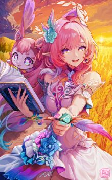 1girl bare_shoulders barine breasts commentary_request cyrene_(honkai:_star_rail) cyrene_(ripples_of_past_reverie)_(honkai:_star_rail) diamond-shaped_pupils diamond_(shape) dress earrings flower hair_flower hair_ornament highres honkai:_star_rail honkai_(series) jewelry long_hair looking_at_viewer medium_breasts mem_(honkai:_star_rail) orange_sky pink_hair purple_eyes revision sky smile sunset symbol-shaped_pupils very_long_hair wheat wheat_field white_dress