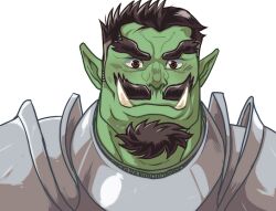 Rule 34 | 1boy, adam&#039;s apple, armor, bara, beard, colored skin, facial hair, forked eyebrows, goatee, green skin, huge eyebrows, male focus, mature male, monster boy, orc, original, paid reward available, plate armor, portrait, short hair, simple background, solo, thick beard, thick mustache, thick neck, tusks, white background, zettoken