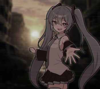 1girl :d aqua_eyes aqua_hair aqua_necktie aqua_trim bare_shoulders black_skirt black_sleeves breasts bright_pupils clenched_hand collared_shirt commentary cowboy_shot detached_sleeves fingernails glitch hair_between_eyes hair_ornament hatsune_miku highres kumada_gaon light_blush long_hair looking_at_viewer necktie number_tattoo open_mouth outstretched_hand pleated_skirt reaching reaching_towards_viewer shirt skirt small_breasts smile solo static sunset tattoo thighhighs twintails very_long_hair vocaloid white_pupils white_shirt zettai_ryouiki