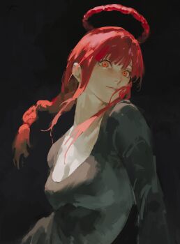 1girl absurdres black_background black_dress braid breasts chainsaw_man cleavage commentary dress entrails floating_hair halo highres lips long_sidelocks looking_at_viewer makima_(chainsaw_man) medium_breasts neck orange_eyes organs red_hair ringed_eyes rrumirumi_x sanpaku scoop_neck shaded_face sidelighting sidelocks signature single_braid upper_body