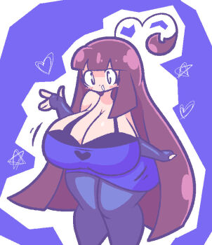 1girl ahoge bare_shoulders black_bra black_eyes black_gloves blue_background blue_pants blue_shirt blush borrowed_character bra breasts bright_pupils brown_hair cleavage elbow_gloves fingerless_gloves gloves heart huge_ahoge huge_breasts jaggy_lines long_hair long_shirt off-shoulder_shirt off_shoulder open_mouth original outline pants shirt smile star_(symbol) underwear very_long_hair viviluxe white_outline white_pupils