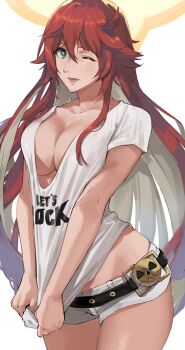 1girl breasts cleavage clothes_pull spiked_halo green_eyes guilty_gear hair_between_eyes halo highres j@ck jack-o'_valentine large_breasts long_hair multicolored_hair official_alternate_costume pulling_own_clothes red_hair shirt shirt_pull short_shorts shorts solo t-shirt two-tone_hair white_hair white_shorts