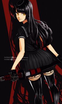 Rule 34 | 1girl, black garter straps, black gloves, black hair, black sailor collar, black shirt, black skirt, black thighhighs, closed mouth, commentary request, fanbox username, from behind, garter straps, gloves, highres, hime cut, holding, holding sword, holding weapon, katana, light smile, long hair, looking back, original, patreon username, pleated skirt, ringed eyes, sailor collar, scabbard, school uniform, serafuku, shadow, sheath, sherumaru (korcht06), shirt, short sleeves, skirt, solo, sword, thighhighs, weapon, yellow eyes, zettai ryouiki