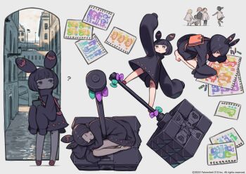 6+girls ? aqua_bow bag black_hair bob_cut bow chibi city copyright_logo copyright_notice drawing_(action) drawing_(object) drooling hammer high_collar highres holding kuroboshi_kouhaku leg_tattoo logo lying multiple_girls official_art on_weapon purple_bow second-party_source simple_background sleeping sleeves_past_fingers sleeves_past_wrists solo_focus standing standing_on_weapon tail tattoo tsurugihime white_background yuno_(tsurugihime)