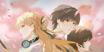 Rule 34 | 1boy, 2girls, absurdres, black hair, blonde hair, blowing bubble gum, blurry, blurry background, cellphone, chewing gum, chisa (wuthering waves), commentary request, hair ornament, hair ribbon, hat, headphones, headphones around neck, highres, holding, holding phone, long hair, looking at another, lynae (wuthering waves), male rover (wuthering waves), multiple girls, phone, pink hat, red eyes, red ribbon, ribbon, rover (wuthering waves), skull hair ornament, smartphone, world (1257843324), wuthering waves, yellow eyes