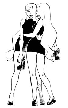2girls batman_(series) batman_beyond breasts dc_comics dee_dee_(batman) deidre_dennis delia_dennis dress gun hair_over_one_eye holding holding_gun holding_weapon kneepits long_hair looking_back monochrome multiple_girls ramb_chop siblings simple_background sisters sleeveless sleeveless_dress twins very_long_hair weapon white_background