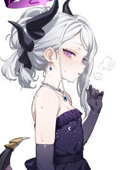 1girl bare_shoulders black_gloves blue_archive blush breasts demon_horns demon_wings dress earrings elbow_gloves from_side gloves grey_hair halo heoningu hina_(blue_archive) hina_(dress)_(blue_archive) horns jewelry looking_at_viewer necklace purple_dress purple_eyes purple_halo sleeveless small_breasts solo sweat wings