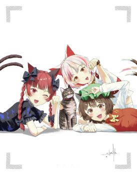 3girls animal_ears bow bowtie braid brown_eyes cat cat_ears cat_girl cat_tail chen commentary_request extra_ears fang goutokuji_mike highres kaenbyou_rin long_hair looking_at_viewer multicolored_hair multiple_girls multiple_tails open_mouth otomeza_ryuseigun paw_pose red_eyes red_hair short_hair side_braids simple_background slit_pupils smile streaked_hair tail touhou twin_braids two_tails white_background yellow_bow yellow_bowtie