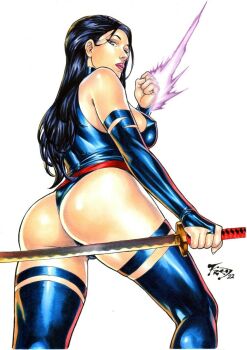 1girl artist_request ass between_buttocks black_hair blue_leotard breasts curvy energy_sword highleg highleg_leotard highres holding holding_sword holding_weapon huge_ass katana large_breasts legs_apart leotard lips long_hair looking_at_viewer looking_back marvel painting_(medium) psylocke red_sash revealing_clothes sash shiny_clothes shiny_skin skindentation smile solo standing sword thong_leotard traditional_media very_long_hair weapon wide_hips x-men