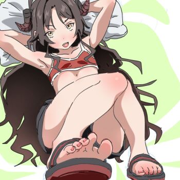 1girl bign_0 black_hair blue_archive feet highres horns kasumi_(blue_archive) light_blush long_hair looking_at_viewer open_mouth slippers soles toes yellow_eyes