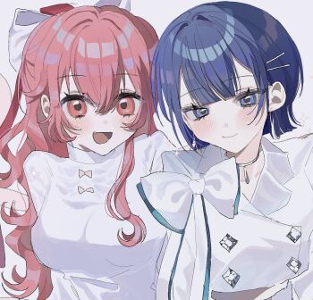 2girls :d blue_eyes blue_hair blunt_bangs blush bow breasts buttons closed_mouth collarbone commentary cropped_jacket crossed_bangs double-breasted dress earrings fang hair_between_eyes hair_bow hair_ornament hairclip hoop_earrings jacket jewelry kiritani_haruka large_breasts long_hair looking_at_viewer midriff momoi_airi multiple_girls official_alternate_costume official_alternate_hairstyle open_mouth parallel_hairclips pendant_choker pink_eyes pink_hair ponytail project_sekai short_hair sidelocks silver_choker smile sparkle symbol-only_commentary umainyan3 upper_body white_bow white_dress white_jacket zozotown