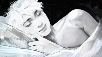 1boy aegyo_sal angela_he black_background closed_eyes facing_viewer game_cg greyscale head_on_pillow highres i_woke_up_next_to_you_again large_variant_set looking_at_viewer lying male_focus monochrome non-web_source official_art on_side painterly parted_lips pillow short_hair simple_background smile toned toned_male under_covers upper_body variant_set white_hair