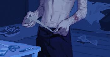 1other ambiguous_gender bandages bedroom commentary english_commentary hand_focus head_out_of_frame highres holding holding_bandages indoors multiple_scars night original other_focus razor_blade sadbuttruedog02 scar scar_on_arm scar_on_stomach scissors self-harm shoes sneakers solo topless_other wrist_cutting