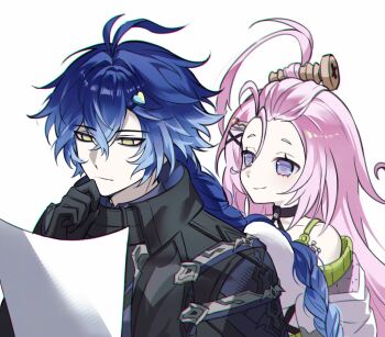 Rule 34 | 1boy, 1girl, ahoge, aino (genshin impact), antenna hair, bangs pinned back, black capelet, black gloves, blue eyes, blue hair, braid, capelet, closed mouth, coat, collared capelet, crossed bangs, flins (genshin impact), genshin impact, gloves, gradient hair, hair between eyes, hair ornament, hairclip, hand on own chin, highres, huge ahoge, long hair, looking at another, multicolored hair, paper, pink hair, rio (rio773), screw hair ornament, simple background, sleeves past fingers, sleeves past wrists, upper body, white background, white coat, x hair ornament, yellow eyes