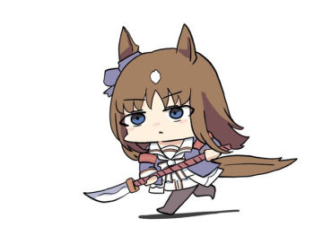Rule 34 | 1girl, animal ears, blue bow, blue jacket, blush stickers, bow, brown hair, brown pantyhose, chibi, dress, ear bow, full body, grass wonder (stone-piercing blue) (umamusume), grass wonder (umamusume), holding, holding polearm, holding weapon, horse ears, horse girl, horse tail, jacket, kawamochi (kawauti919), long sleeves, multicolored hair, naginata, pantyhose, parted lips, polearm, running, shadow, simple background, solo, tail, two-tone hair, umamusume, weapon, white background, white bow, white dress, white hair