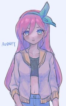 Rule 34 | 1girl, arms at sides, aubrey (faraway) (omori), aubrey (omori), black tube top, blue eyes, blue hairband, blush, bow hairband, character name, chromatic aberration, closed mouth, denim, double-parted bangs, expressionless, film grain, grey background, hair between eyes, hairband, highres, jacket, long hair, long sleeves, looking at viewer, midriff, navel, omori, open clothes, open jacket, pink hair, sailor collar, sidelocks, simple background, solo, standing, straight-on, straight hair, strapless, tube top, upper body, white jacket, yellow sailor collar, zrk zzzz