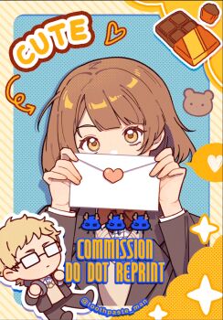 1boy 1girl animated animated_gif blunt_bangs blush border braid brown_hair candy character_request chibi chibi_inset chocolate chocolate_bar closed_mouth commission copyright_request eyelashes fingernails food glasses heart hetero holding holding_letter letter long_sleeves looking_at_viewer love_letter medium_hair mihuashi_commission muffin school_uniform screentones short_hair sidelocks watermark yagao_chaoren yellow_border yellow_eyes