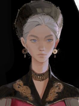 1girl a_song_of_ice_and_fire black_background dragon_print earrings gold_earrings highres house_of_the_dragon jewelry looking_at_viewer necklace papaya_mm purple_eyes rhaenyra_targaryen simple_background solo white_hair