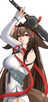 1girl absurdres armlet arms_up bare_shoulders bracelet breasts brown_hair brown_tail china_dress chinese_clothes clover clover_hair_ornament commentary dress droopy_ears english_commentary from_side hair_ornament hairband highres holding holding_sword holding_weapon jewelry large_breasts long_hair metal_bracelet obosounds parted_lips pink_nails red_eyes red_ribbon ribbon see-through_clothes silver_armlet silver_bracelet simple_background solo sword tail weapon white_background white_hairband ye_shunguang zenless_zone_zero