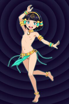 1girl :d ancient_egyptian_clothes anklet aqua_outline arm_up armlet bar_censor barefoot belt black_background black_hair blue_eyes blunt_bangs blush bob_cut body_freckles borrowed_character bracelet breasts censored circle clothes_lift commentary cosplay dancer dancing embarrassed english_commentary foot_up freckles from_side full_body furrowed_brow gen_4_pokemon gold_anklet gold_armlet gold_belt gold_bracelet gold_choker gold_hairband gradient_background groin hair_tubes hairband hand_up harem_outfit highres jewelry kasia_mikolajczyk_(silverfox442) loli looking_at_viewer looking_to_the_side lucario lucario_(ruins) lucario_(ruins)_(cosplay) monosex navel nintendo nipples no_bra no_panties open_mouth original outline pelvic_curtain pelvic_curtain_lift pokemon purple_background pussy short_hair skirt skirt_lift small_breasts smile solo standing standing_on_one_leg toes topless_female upper_body wind wind_lift
