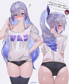 2girls ? absurdres ass black_bra black_pants black_thighhighs bra breasts cameltoe collarbone commentary_request drill_hair english_text from_behind grey_eyes grey_hair highres honkai:_star_rail honkai_(series) kafka_(honkai:_star_rail) long_hair medium_breasts miya-chan_(lightning0730) multiple_girls multiple_views no_pants paid_reward_available pants shirt silver_wolf_(honkai:_star_rail) simple_background speech_bubble thighhighs thighs underwear white_background white_shirt