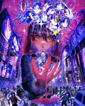 1boy 1girl absurdres asymmetrical_eyes balloon black_hair blazer blue_jacket blue_liquid city collared_shirt cross_tie eyelashes faceless fleeing giant giantess gundam gundam_gquuuuuux hair_between_eyes heart heart-shaped_pupils heart_balloon highres ikuta41 in_palm jacket liquid long_hair looking_at_another looking_down multiple_faces nyaan_(gundam_gquuuuuux) outstretched_arm overturned_car people purple_sky red_eyes shirt shuji_ito sky spread_fingers star_(symbol) surreal symbol-shaped_pupils too_many_eyes traffic white_shirt yellow_eyes