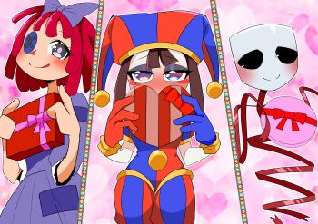 3girls absurdres asymmetrical_eyes asymmetrical_gloves blue_bow blue_dress blue_eyes blue_gloves blunt_bangs blunt_ends blush blush_stickers bow box box_of_chocolates brown_hair button_eyes buttons chocolate colored_skin comedy_and_tragedy_masks doll dress eyelashes eyeshadow food full-face_blush gangle_(the_amazing_digital_circus) gift gift_box gloves green_eyes grey_eyeshadow hair_bow half-closed_eyes happy_valentine hat hat_bell heart heart-shaped_box heart_background highres holding holding_box holding_chocolate holding_food holding_gift incoming_gift jester jester_cap jester_costume licking_lips long_dress makeup matatabi_tukikage medium_hair mismatched_eyes mismatched_gloves multicolored_eyes multicolored_hat multiple_girls narrow_waist patchwork_clothes pink_background pink_pupils pomni_(the_amazing_digital_circus) puffy_short_sleeves puffy_sleeves ragatha_(the_amazing_digital_circus) red_eyes red_gloves red_hair red_ribbon ribbon ringlets seductive_smile short_sleeves smile striped_clothes striped_headwear the_amazing_digital_circus tongue tongue_out triangle_nose two-tone_eyes valentine vertical-striped_bodysuit vertical-striped_clothes vertical-striped_headwear white_mask white_skin