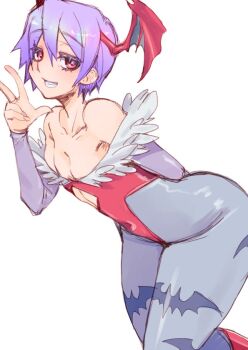 1girl animal_print bat_print bat_wings blue_pantyhose bridal_gauntlets clothing_cutout commentary cowboy_shot darkstalkers demon_girl demon_wings diamond_cutout flat_chest head_wings highleg highleg_leotard leotard lilith_(darkstalkers) pantyhose parted_lips print_pantyhose purple_eyes purple_hair red_leotard rosie_rosie short_hair simple_background smile solo symbol-only_commentary w white_background wings