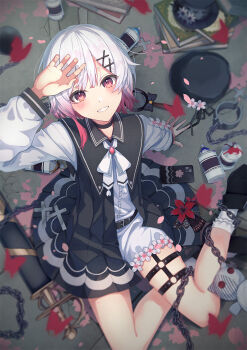1girl beret black_choker black_hat black_shoes book bug butterfly chain cherry_blossoms choker commentary_request flower full_body gradient_hair hair_ornament hat insect long_sleeves looking_at_viewer mahou_shoujo_no_majo_saiban multicolored_hair o-ring o-ring_thigh_strap on_floor phone pink_eyes pink_hair red_butterfly sakuraba_ema shoes short_hair shorts sitting smile socks solo spray_can sword thigh_strap unworn_hat unworn_headwear weapon white_flower white_hair white_shorts white_socks x_hair_ornament yu7giu