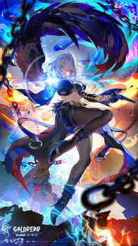 1girl aiming artist_name asymmetrical_legwear black_jacket black_shorts black_wings blue_fire blurry breasts chain character_name chinese_commentary closed_mouth commentary_request cropped_jacket dated depth_of_field dual_wielding duplicate feathered_wings fire full_body galbrena_(wuthering_waves) glowing_arm gradient_background gun hair_between_eyes hair_intakes high_heels highres holding holding_gun holding_weapon jacket legs lens_flare light_particles long_sleeves looking_at_viewer medium_breasts medium_hair midair mismatched_legwear pixel-perfect_duplicate pointing pointing_at_viewer purple_eyes short_shorts shorts sidelocks single_leg_pantyhose single_thighhigh single_wing slit_pupils snake solo thighhighs thighs weapon white_hair wings wuthering_waves yu_e_baba