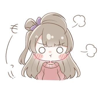 1girl :t blush bow chibi chibi_only commentary_request grey_hair hair_bow hair_rings highres kiryu_(sora_no_iroto) looking_at_viewer love_live! love_live!_school_idol_project minami_kotori o_o pink_sweater pout puff_of_air purple_bow single_hair_ring solo sweater v-shaped_eyebrows