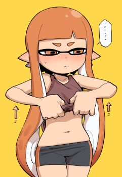 ... 1girl arrow_(projectile) bike_shorts black_shorts blunt_bangs blush clothes_lift collarbone commentary cowboy_shot female_focus highres inkling inkling_girl inkling_player_character lifting_own_clothes long_hair mask midriff navel nintendo orange_eyes orange_hair pointy_ears shiromanta shirt_lift shorts simple_background single_vertical_stripe singlet skindentation solo splatoon_(series) spoken_ellipsis squid tentacle_hair undressing yellow_background