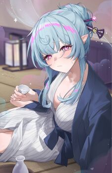 Rule 34 | 1girl, alternate costume, aqua hair, bath yukata, blue haori, breasts, choko (cup), commentary request, cup, drunk, genshin impact, hair ornament, hair stick, haori, highres, holding, holding cup, japanese clothes, kimono, leaning to the side, looking at viewer, medium breasts, on ground, pink eyes, pointy ears, solo, taira (taira oekaki), tatami, twitter username, yukata, yumemizuki mizuki