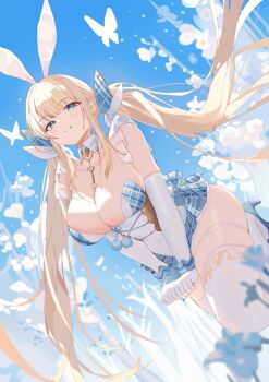 1girl absurdly_long_hair animal_ears blonde_hair blue_eyes blue_flower blue_footwear blue_sky blurry blurry_foreground breasts bug butterfly cleavage cloud commentary_request covered_navel day detached_collar dutch_angle elbow_gloves fake_animal_ears floating_hair flower foot_out_of_frame frilled_skirt frills gloves hair_ribbon heart high_heels highres insect jewelry key key_necklace large_breasts leg_up leotard light_blush long_hair looking_at_viewer low_twintails microskirt necklace original outdoors parted_lips plaid_clothes plaid_ribbon plaid_skirt pom_pom_(clothes) pumps rabbit_ears ribbon rorokaede skindentation skirt sky smile solo standing standing_on_one_leg teeth thighhighs twintails very_long_hair white_gloves white_leotard white_thighhighs
