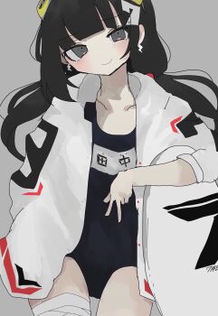 1girl bandaged_leg bandages black_eyes black_hair black_one-piece_swimsuit blunt_bangs blush closed_mouth collarbone commentary_request cowboy_shot earrings grey_background grey_eyes hair_ornament head_tilt highres jacket jacket_on_shoulders jacket_over_swimsuit jewelry long_hair long_sleeves looking_at_viewer low_twintails name_tag nukunuku_nigirimeshi old_school_swimsuit one-piece_swimsuit open_clothes open_jacket original pale_skin school_swimsuit signature simple_background smile solo swimsuit twintails v white_jacket