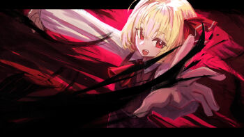 1girl absurdres ascot black_skirt black_vest blonde_hair commentary darkness hair_ribbon highres long_sleeves looking_at_viewer nepperoni red_ascot red_eyes red_ribbon ribbon rumia shirt short_hair skirt skirt_set smile solo touhou umbrakinesis vest white_shirt