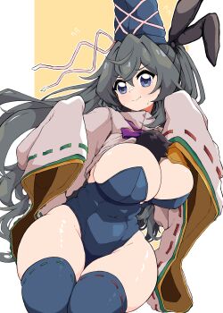 1girl absurdres animal_ears blue_eyes blue_leotard blush breasts closed_mouth clothes_lift commentary_request covered_navel curvy embarrassed fake_animal_ears fat_rolls grey_hair gurajio hat highres large_breasts leotard long_hair looking_to_the_side mononobe_no_futo pillarboxed playboy_bunny pom_pom_(clothes) ponytail rabbit_ears shirt shirt_lift simple_background sleeves_past_fingers sleeves_past_wrists smile solo tate_eboshi thick_thighs thighhighs thighs touhou white_shirt wide_sleeves yellow_background