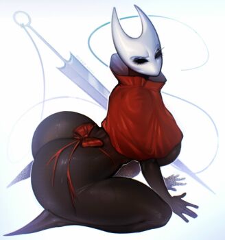 arthropod_girl ass bikini breasts capelet dark_skin eyelashes floral_bow from_side hollow_knight hollow_knight:_silksong hornet_(hollow_knight) horns huge_ass huge_breasts humanization looking_at_viewer mask needle noizen red_capelet simple_background string string_bikini swimsuit thick_thighs thighs white_background
