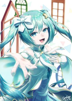 1girl absurdres aqua_eyes aqua_hair aqua_nails bow breasts detached_sleeves dress gold_trim hair_between_eyes hair_bow hair_ornament hand_on_own_chest hatsune_miku highres hiramado_miku kowareta_sekai_to_utaenai_miku long_sleeves looking_at_viewer medium_breasts open_mouth project_sekai reaching reaching_towards_viewer sleeveless sleeveless_dress smile solo spoilers twintails vocaloid white_dress x_hair_ornament zpdlzm777
